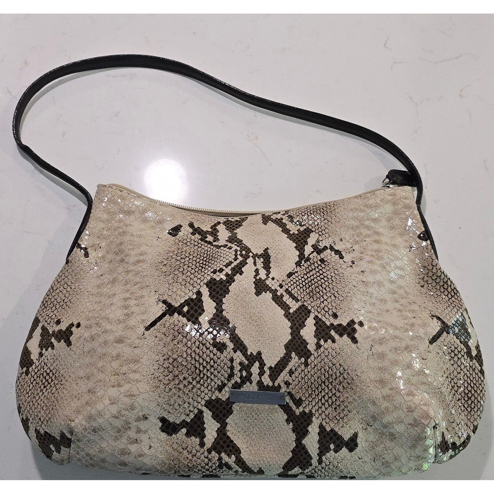 Desmo Italian Leather Snakeskin Embossed Shoulder Bag Neutral Cream Brown sheek
